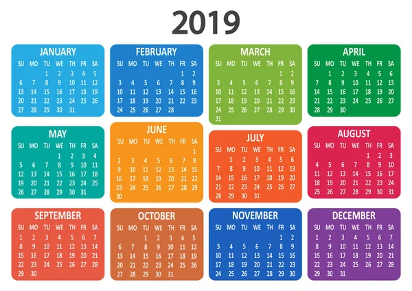 Der bunte Kalender 2019. die Woche beginnt am Sonntag. Vektorillustration — Stockvektor