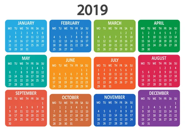 Calendario colorato 2019. La settimana inizia da lunedì. Illustrazione vettoriale — Vettoriale Stock