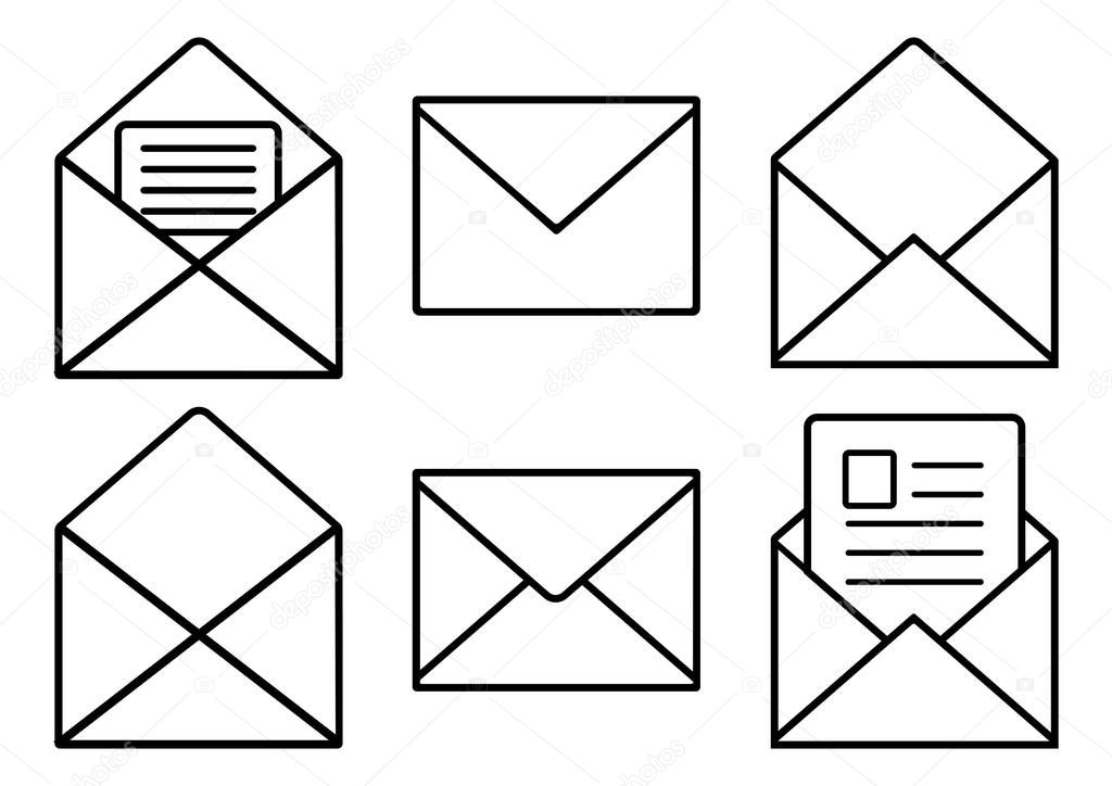 Set of black mail icons, outline design. Vector illustration