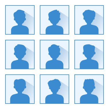 Avatar profil simge kümesi. Mavi siluetleri üzerinde açık mavi renkli. Portreler erkekler. Vektör çizim