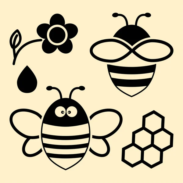 Bee set. Svart siluett. Vektorillustration — Stock vektor