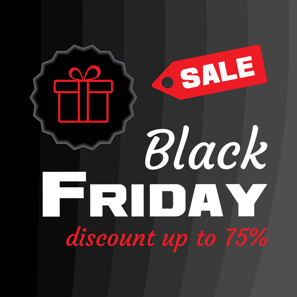 White inscription BLACK FRIDAY sale with red gift box on black background. Design template Black Friday banner. Vector