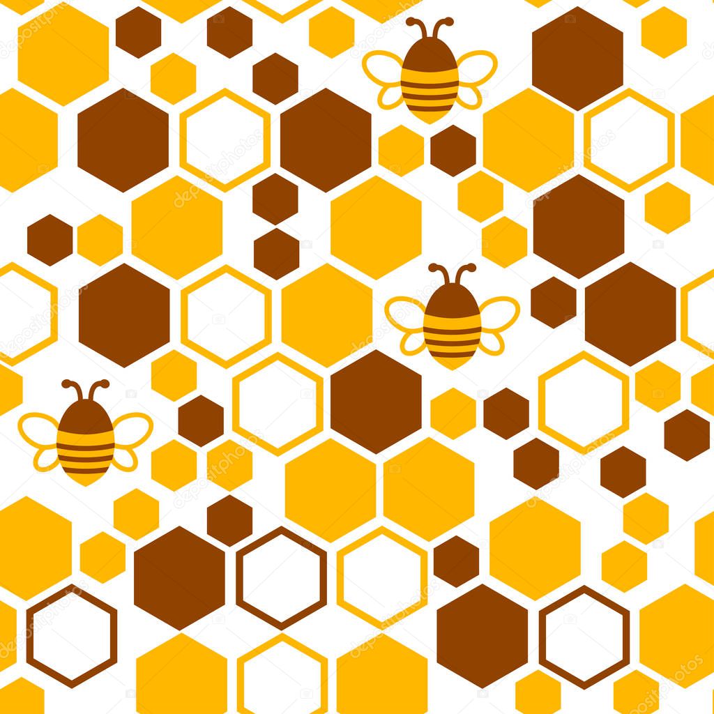 Geometric seamless pattern with honeycomb and bee. Vector illustration
