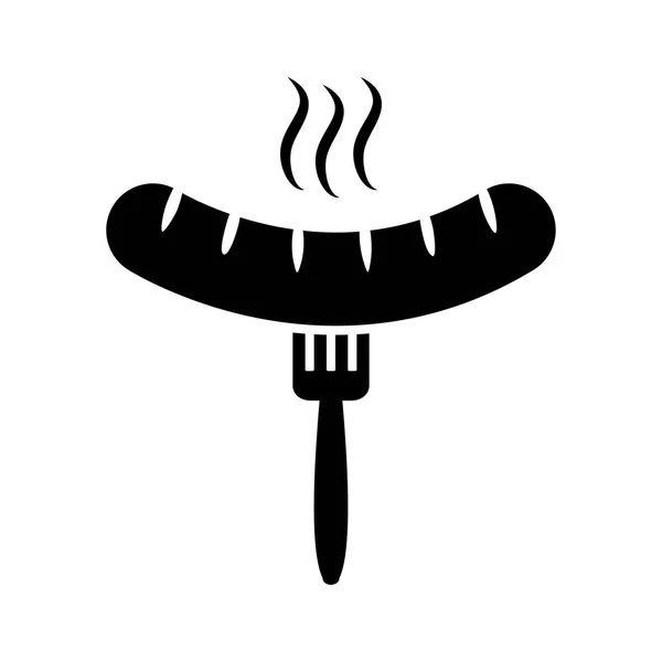 Grilled sausage with fork, barbecue, black icon. Vector illustration — Stock Vector