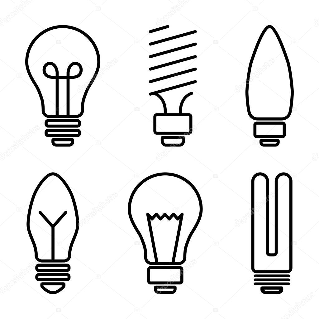 Set of light bulb icons, different lamp, line art. Vector illustration