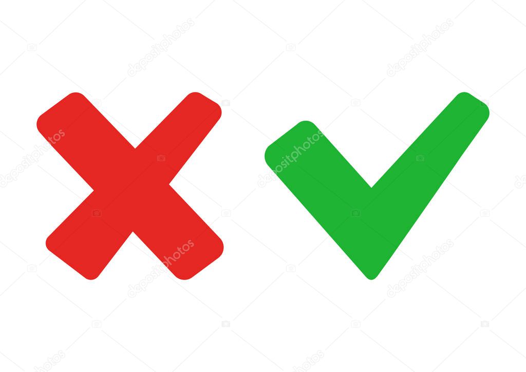 Green check mark and red cross. Right and wrong. Vector illustration