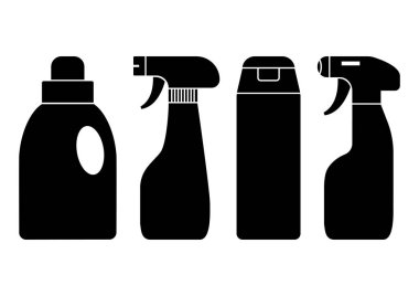 Kimyasal deterjanlar. Şişeler temizlik maddesi, siyah siluetleri seti. Vektör Illustration