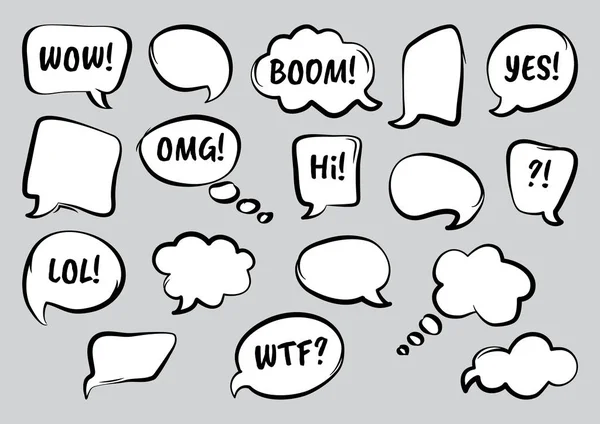 Conjunto de bolhas de discurso cômico com palavras diferentes, desenhadas à mão. Ilustração vetorial — Vetor de Stock
