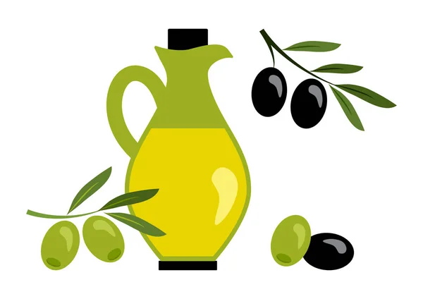 Olio di oliva con olive nere e verdi. Illustrazione vettoriale — Vettoriale Stock