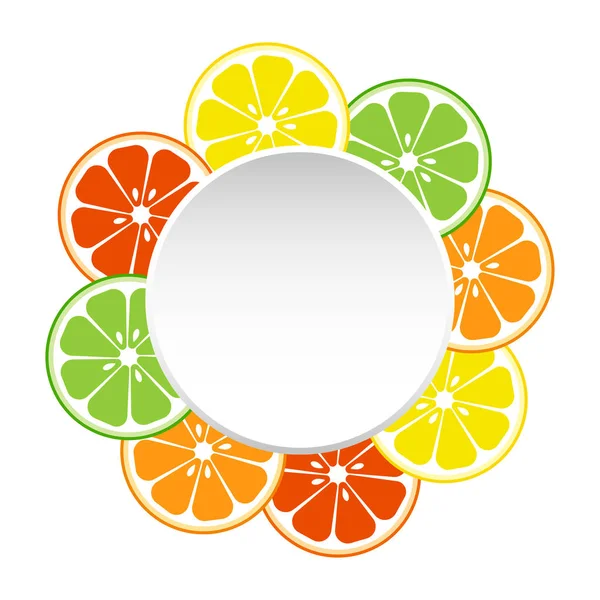 Kerek keret a szövegben színes szelet citrusfélék. Vektoros illusztráció — Stock Vector