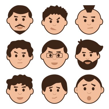 Düz erkek seti, farklı duygulara sahip avatar, vektör illüstrasyon