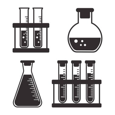 Siyah ve beyaz sıvı ile kimyasal kaplar ve şişeler ayarlayın. Vektör çizimi