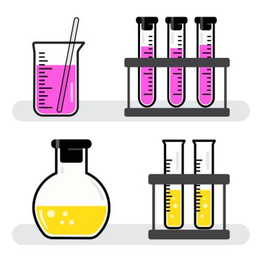 Pembe, sarı sıvı ile renkli set kimyasal kaplar ve şişeler. Vektör çizimi