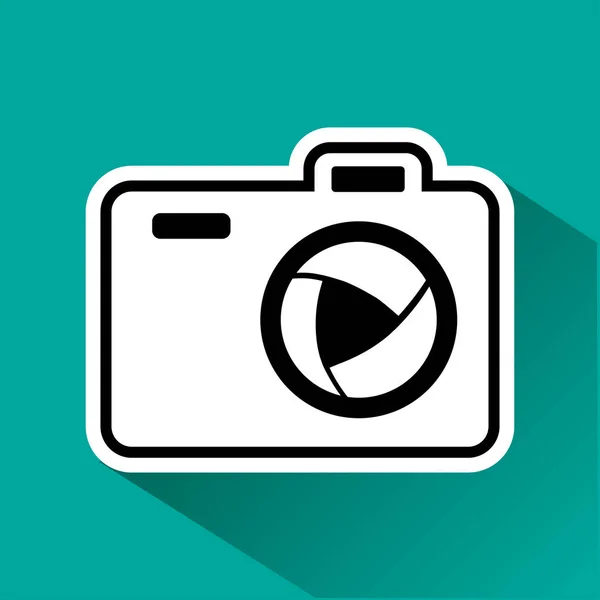 Black and white camera with shadow on turquoise background. Vector illustration — Stock Vector