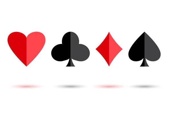 Red and black poker card suits: hearts, clubs, spades and diamonds with colored shadow on white background. Vector illustration — Stock Vector