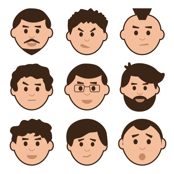 Platte set van mannen, avatar met verschillende emoties, vector illustratie — Stockvector