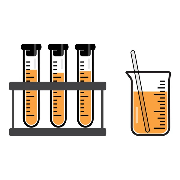 Chemische Gefäße und Flaschen mit einer orangen Flüssigkeit. Vektorillustration — Stockvektor