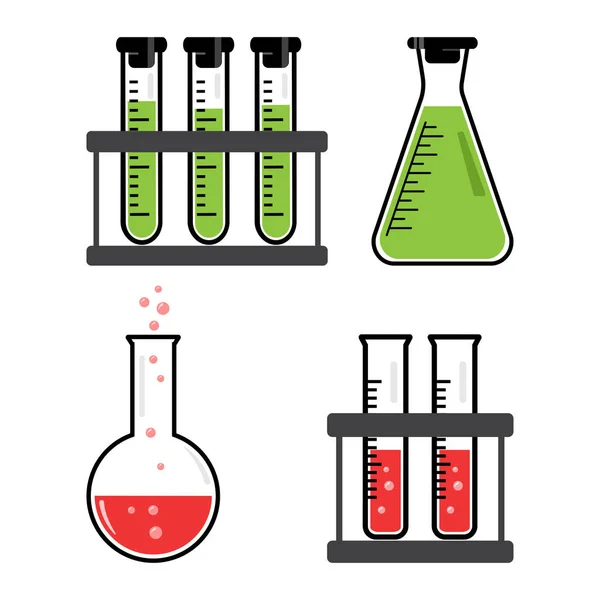 Buntes Set chemischer Gefäße und Kolben mit grüner, roter Flüssigkeit. Vektorillustration — Stockvektor