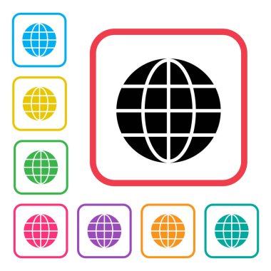 Kırmızı çerçeveli siyah küre simgesi. Renkli set ek sürümleri dünya simgeleri. Vektör çizimi