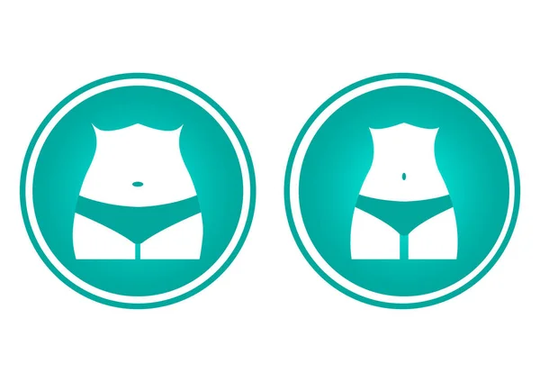 Iconos silueta de cuerpo femenino. Figura femenina gorda y delgada, antes y después de la pérdida de peso. Ilustración vectorial — Vector de stock