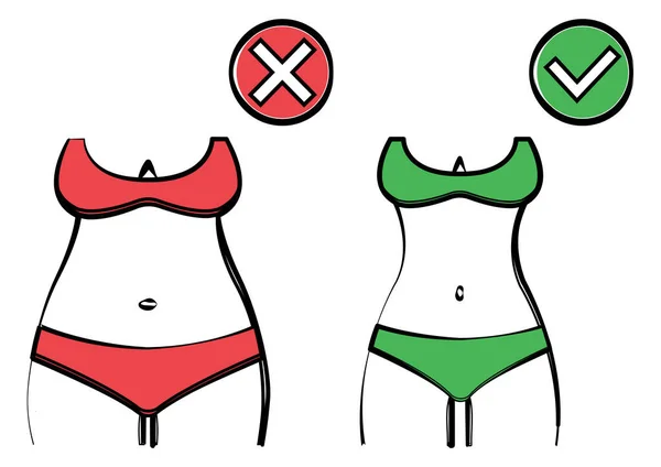 Figura femenina gorda y delgada en traje de baño, rojo y verde, antes y después de la pérdida de peso. Silueta de cuerpo femenino. Ilustración vectorial — Vector de stock