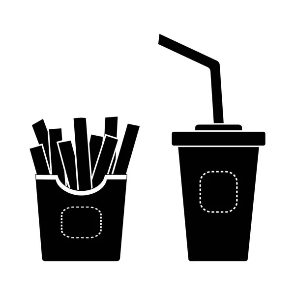 Verre de soda aux frites, illustration vectorielle noir et blanc — Image vectorielle