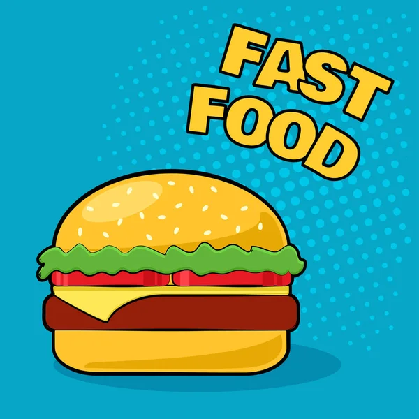 Cheeseburger em um fundo azul no estilo da arte pop. Ilustração vetorial colorida —  Vetores de Stock