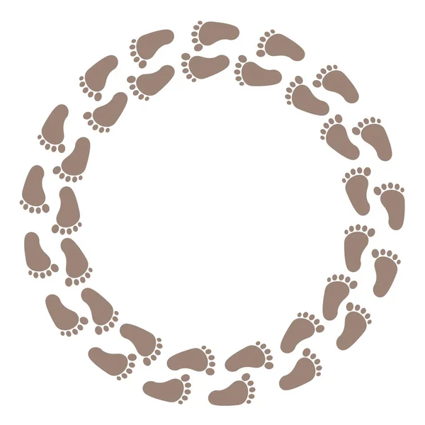 Brown traces of human feet, round frame. Vector background