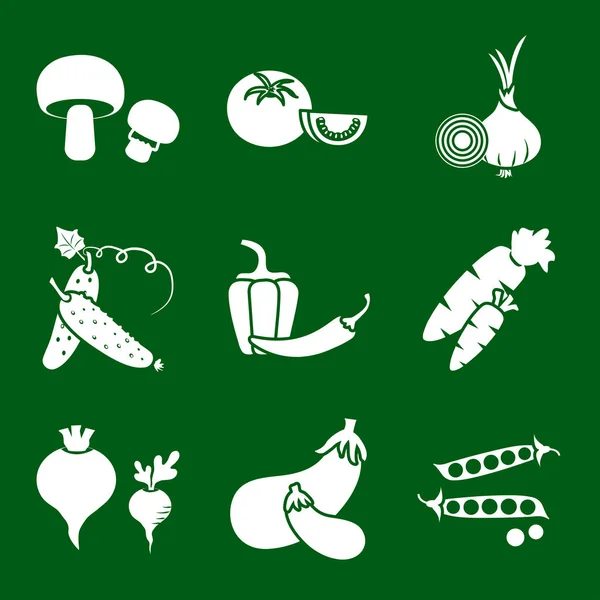 Gemüseset auf grünem Hintergrund, weiße Silhouette, Vektorillustration — Stockvektor