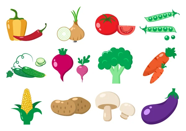 Цветной набор овощей, плоский дизайн, векторная иллюстрация — стоковый вектор