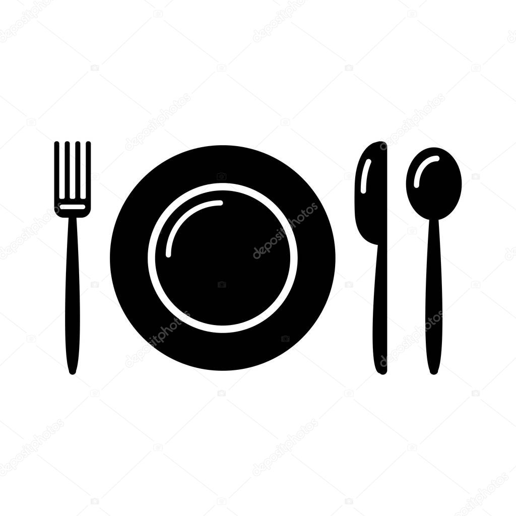 Black and white set - plate, fork, knife, spoon. Vector illustration