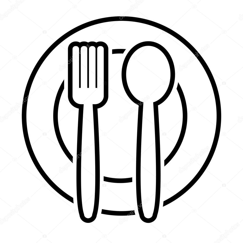 Fork and spoon on plate, outline design. Vector illustration