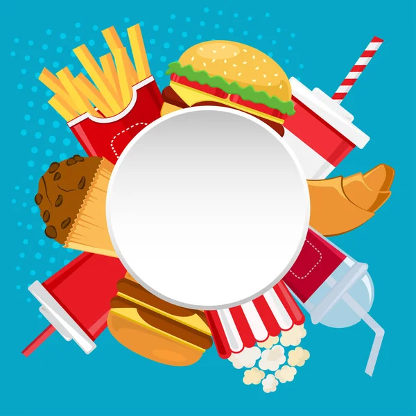 Banner branco redondo para o seu texto com fast food e bebida em fundo azul. Ilustração vetorial —  Vetores de Stock