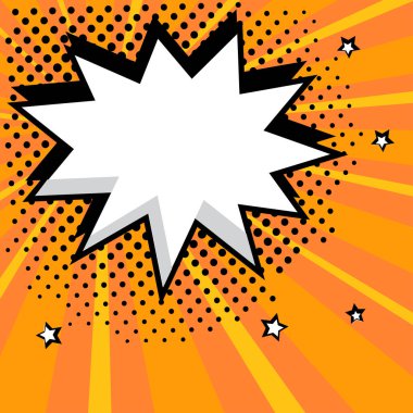 Turuncu arka planda noktalar ve yıldızlar olan beyaz, boş bir çizgi roman balonu. Pop sanat tarzında vektör illüstrasyonu