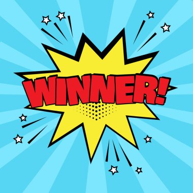 Mavi arka planda kazanan sözcüğü olan sarı çizgi roman balonu. Pop sanat tarzında komik ses efektleri. Kelime ve çizgi film ifadesiyle ses kabarcığı konuşması illüstrasyon gibi geliyor. Vektör illüstrasyonu.