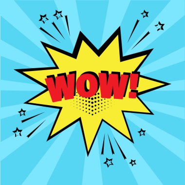 Mavi arka planda Wow kelimesi olan sarı bir çizgi roman balonu. Pop sanat tarzında komik ses efektleri. Kelime ve çizgi film ifadesiyle ses kabarcığı konuşması illüstrasyon gibi geliyor. Vektör illüstrasyonu.
