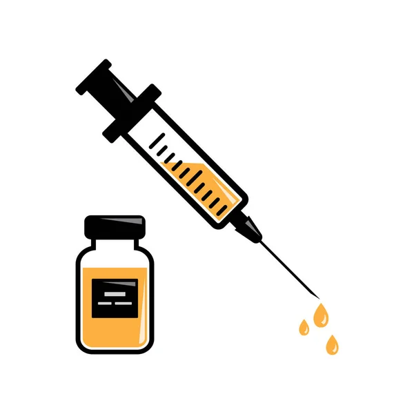 Seringa para injeção com vacina laranja, frascos para injetáveis de medicamento. Ilustração vetorial —  Vetores de Stock