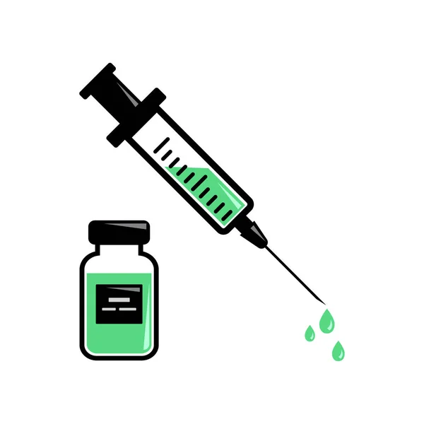 Шприц для ін'єкцій із зеленою вакциною, флаконами ліків. Векторні ілюстрації — стоковий вектор