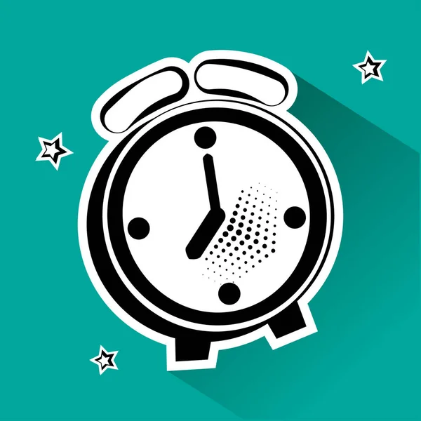 Black and white alarm clock with stars. Vector illustration in pop art style. — Stock Vector