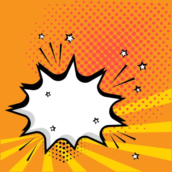 Burbuja cómica de habla blanca y vacía con estrellas y puntos sobre fondo naranja. Ilustración vectorial en estilo pop art — Vector de stock