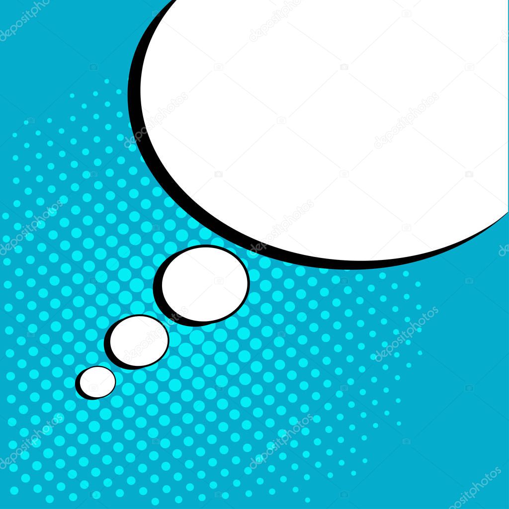 White empty speech comic bubble with dots on blue background. Vector illustration in pop art style
