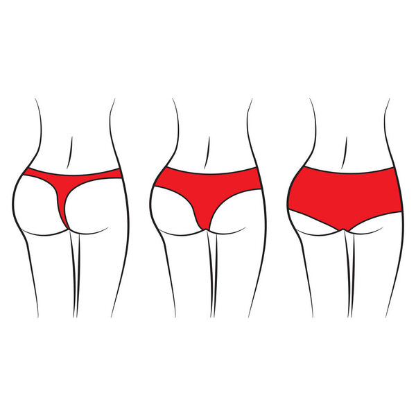 Women waist. Silhouette of female figure, back view, butt. Various women red pantiest. Vector illustration