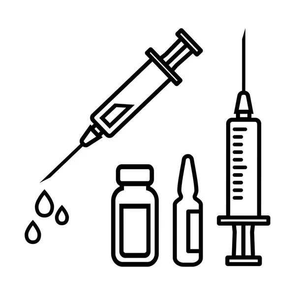 Czarny kontur zestaw strzykawek do wstrzykiwań ze szczepionką, fiolka z lekiem, ampułka. Ilustracja wektorowa — Wektor stockowy