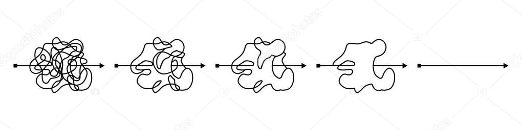 Insane messy black line, complicated clew way. Simplifying confusion. Tangled scribble path. Simplification chaotic difficult proces, template. Vector illustration