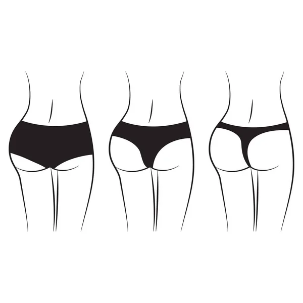 Women waist. Silhouette of female figure, back view, butt. Various women black pantiest. Vector illustration — 스톡 벡터