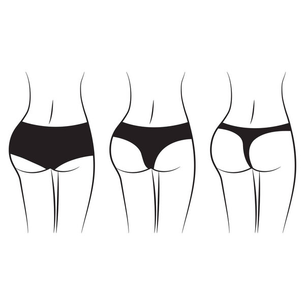 Women waist. Silhouette of female figure, back view, butt. Various women black pantiest. Vector illustration
