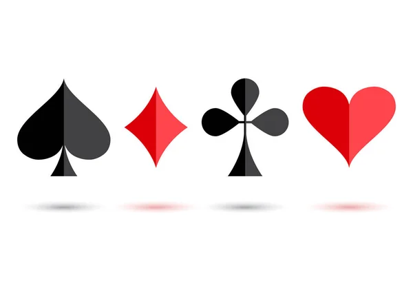 Traje de poker rojo y negro: corazón, club, diamante y pala con sombra de colores sobre fondo blanco. Ilustración vectorial — Archivo Imágenes Vectoriales