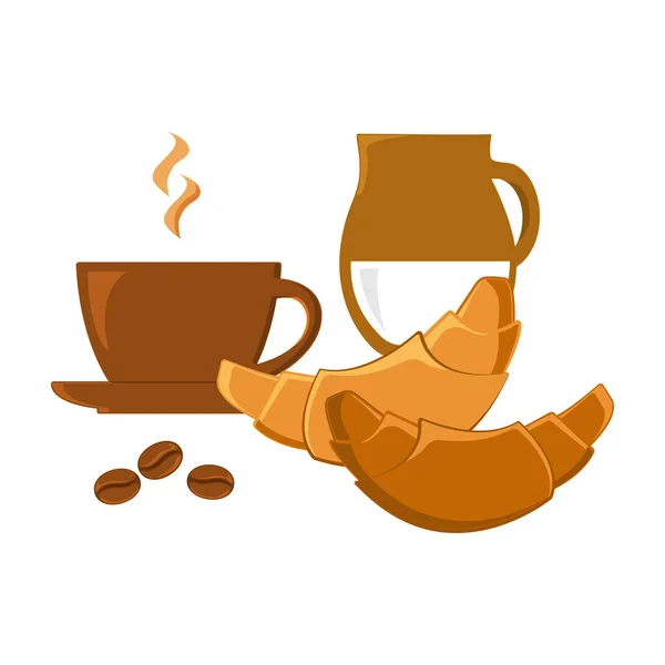 Kahve seti - fincan, süt, kruvasan ve kahve çekirdekleri beyaz arka plan üzerinde izole. Vektör çizimi — Stok Vektör