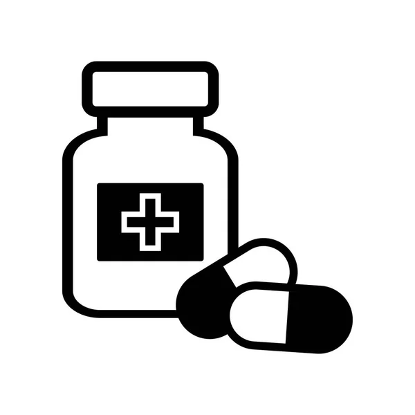 Бутылка лекарств и таблетки. Черно-белая икона. Векторная иллюстрация — стоковый вектор