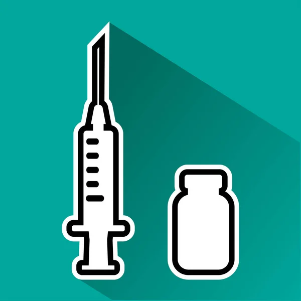 Zwart-witte spuit en flacon met geneeskunde met schaduw op Turquoise achtergrond. Vector illustratie — Stockvector